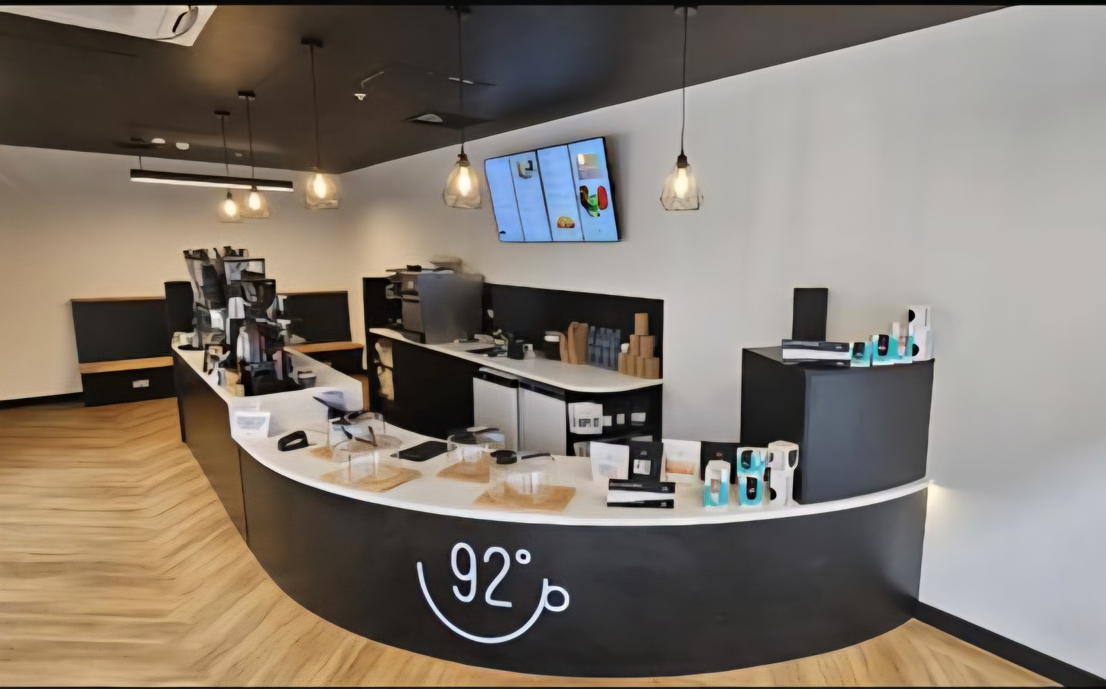 Bespoke curved serving counter manufactured and fitted by Effect Joinery for 92 Degrees Coffee